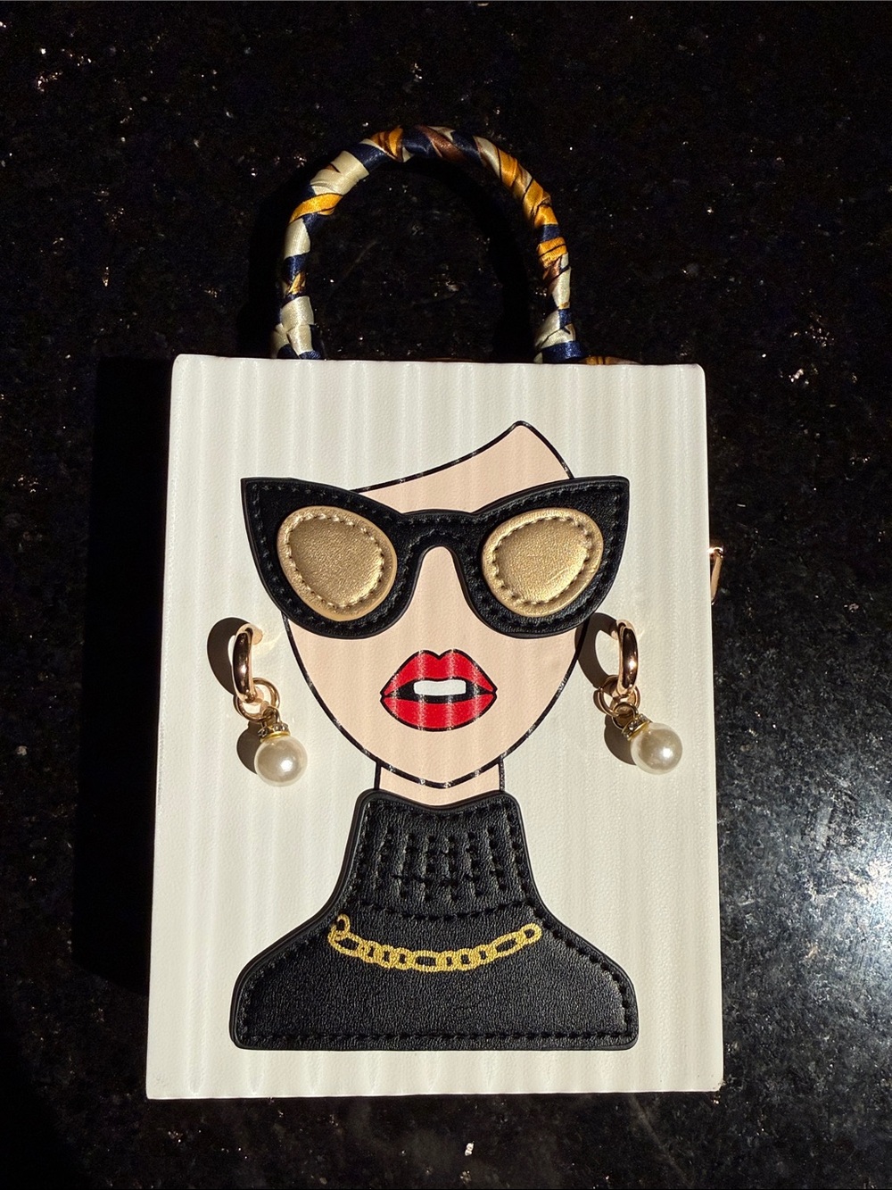 White Novelty Portrait Handbag with Pearl Earring Details
